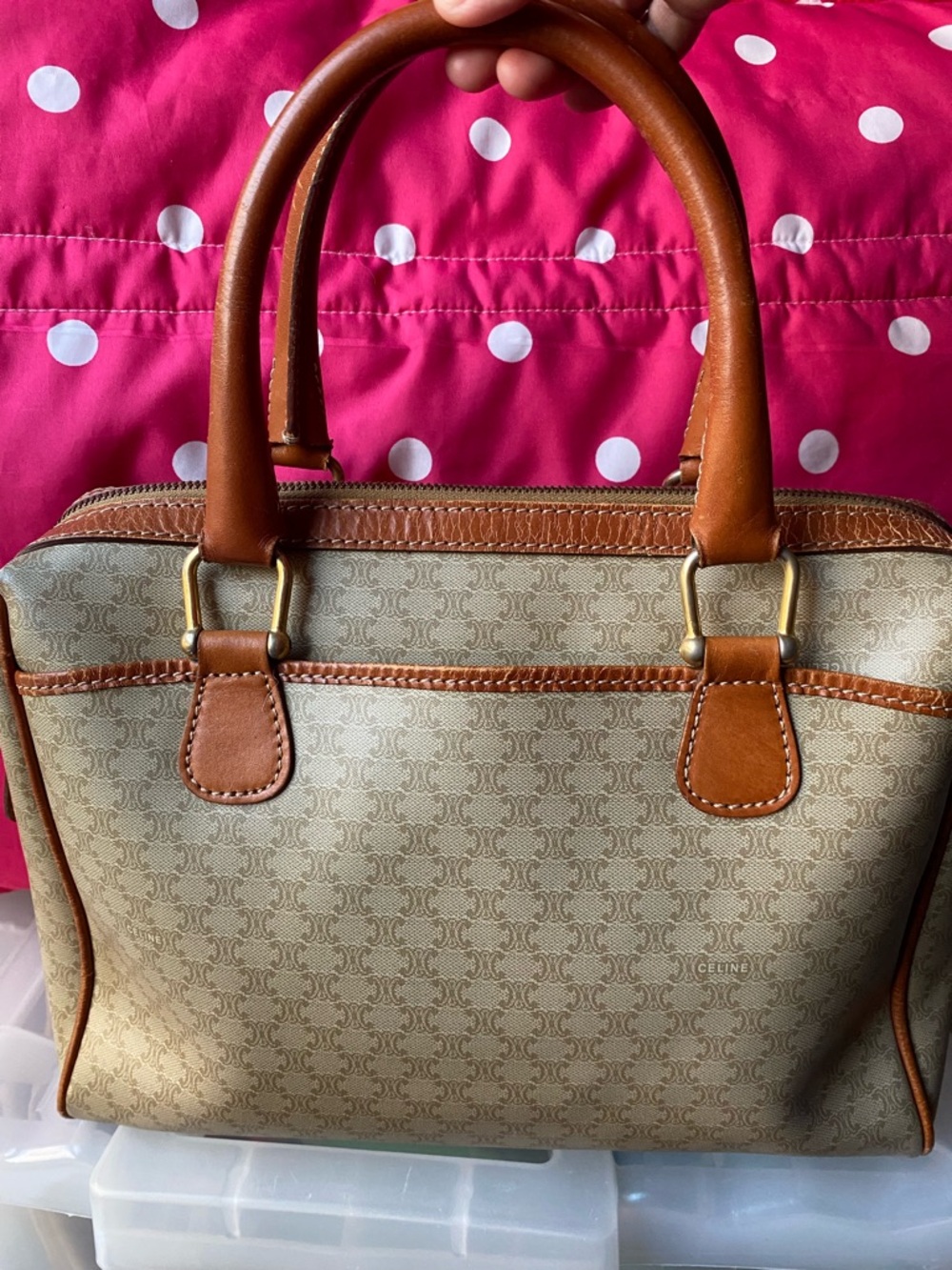 Celine Beige Monogram Satchel with Tan Trim - Picture 3 of 16